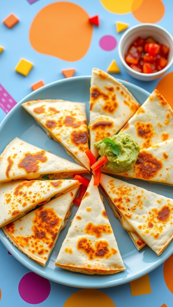 Fun and Tasty Cheese Quesadillas for Kids Cheese quesadillas cut into triangles on a plate with salsa and guacamole, perfect for kids.